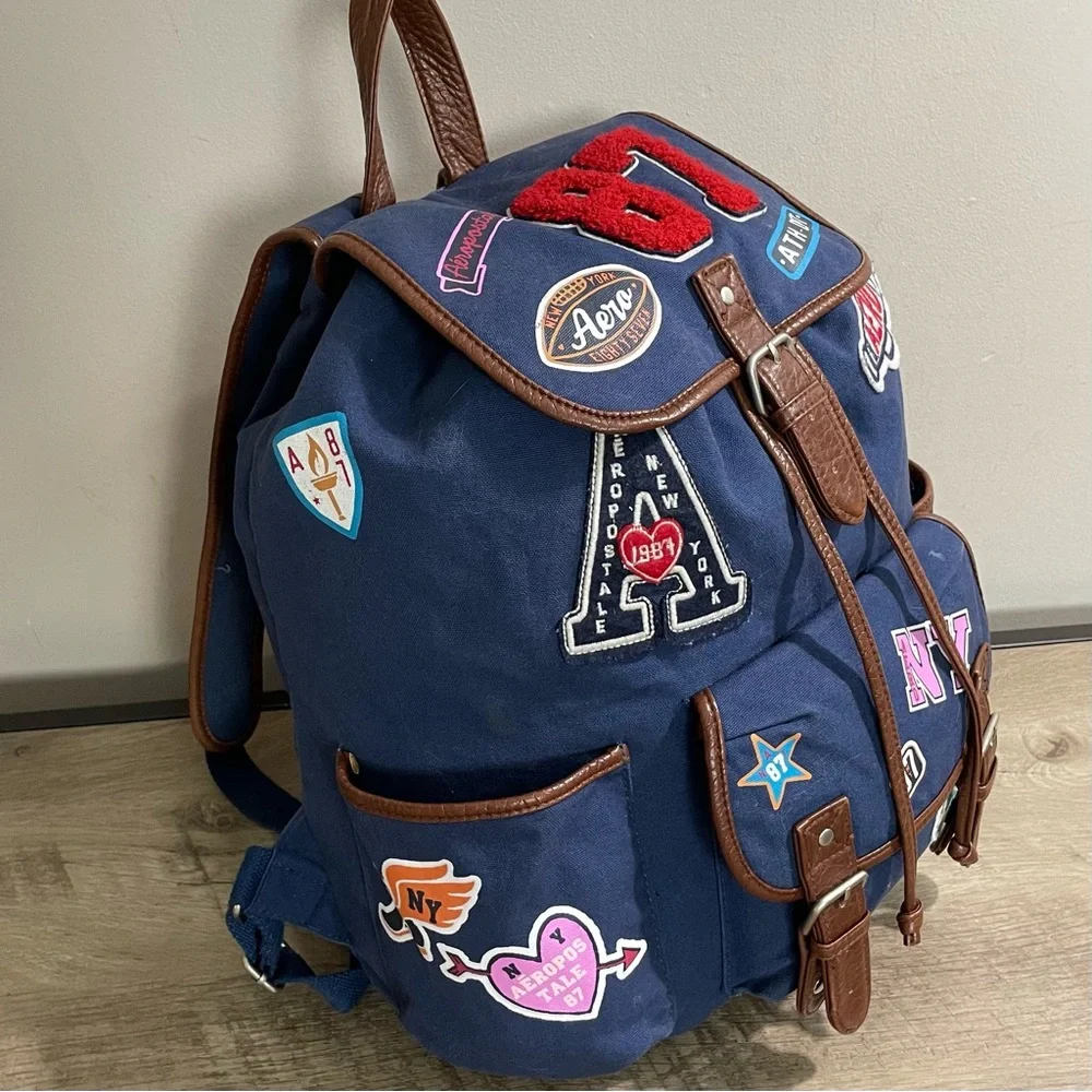 VINTAGE Y2k Navy Blue AEROPOSTALE 87 Varsity CANVAS Backpack BOOK BAG Drawstring - Picture 2 of 5